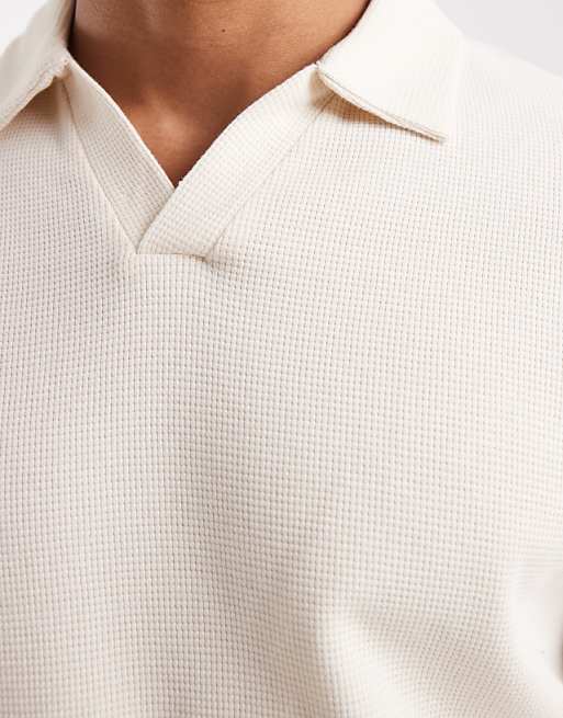 DESIGN Relaxed Long Sleeve Polo In Cream Waffle
