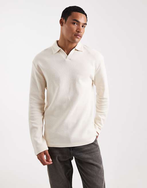 DESIGN Relaxed Long Sleeve Polo In Cream Waffle