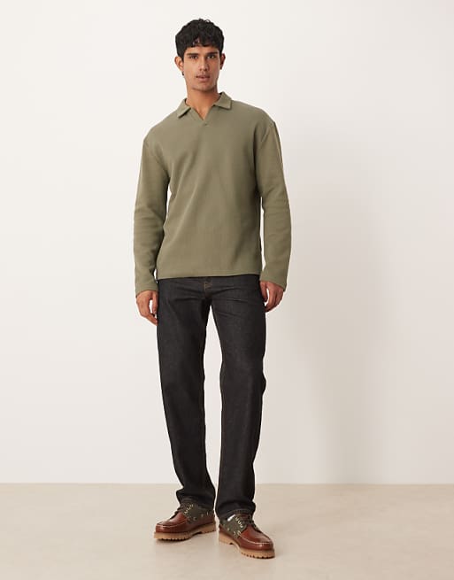 DESIGN Relaxed Long Sleeve Polo In Khaki Waffle