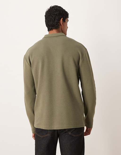 DESIGN Relaxed Long Sleeve Polo In Khaki Waffle
