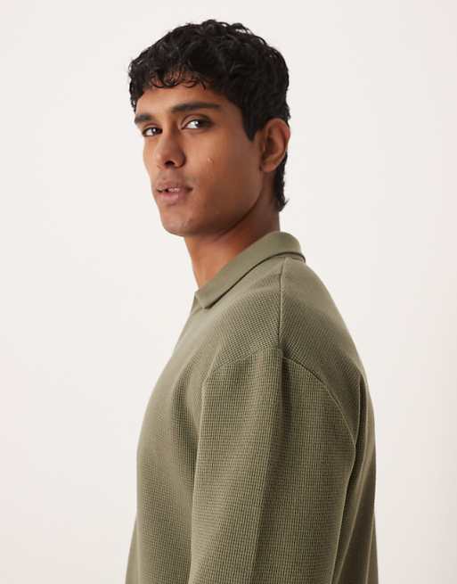DESIGN Relaxed Long Sleeve Polo In Khaki Waffle