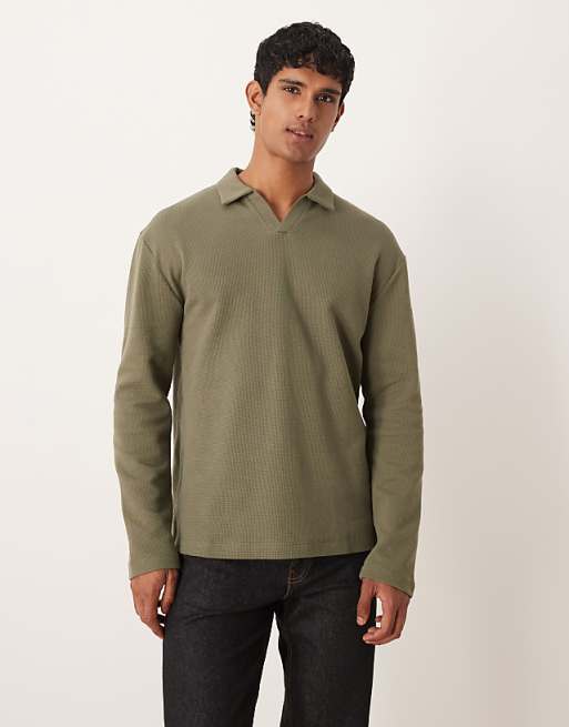 DESIGN relaxed long sleeve polo in khaki waffle