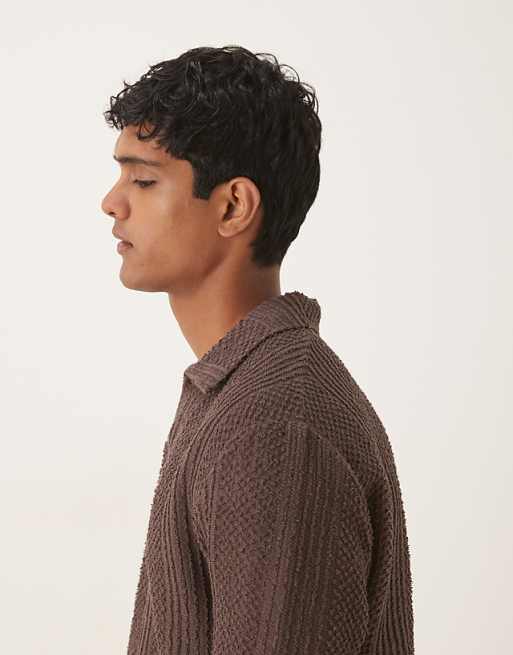 DESIGN Relaxed Long Sleeve Polo With V- Neck Brown Texture