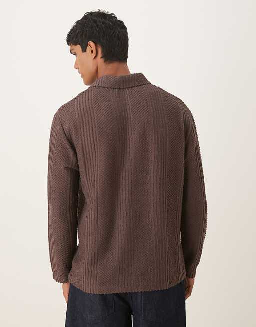DESIGN Relaxed Long Sleeve Polo With V- Neck Brown Texture