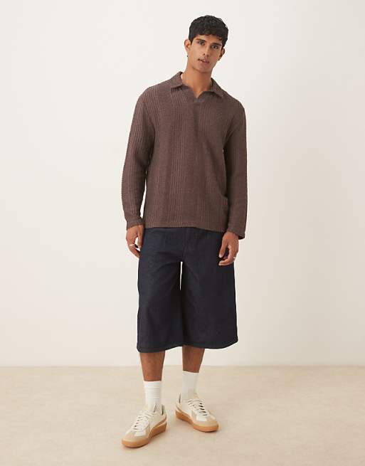 DESIGN Relaxed Long Sleeve Polo With V- Neck Brown Texture