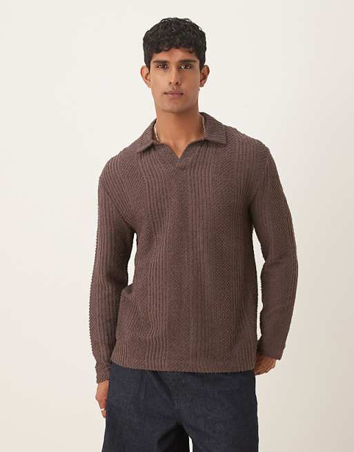 DESIGN relaxed long sleeve polo with v- neck brown texture