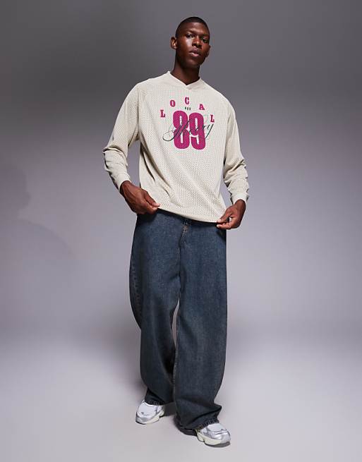 DESIGN Relaxed Long Sleeve Raglan T-shirt With Number Graphic In Beige Airtex