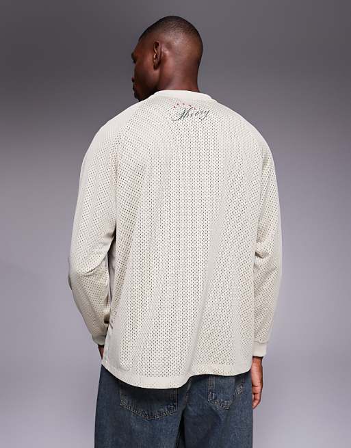 DESIGN Relaxed Long Sleeve Raglan T-shirt With Number Graphic In Beige Airtex