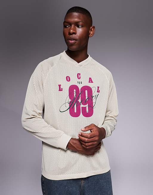 DESIGN relaxed long sleeve raglan t-shirt with number graphic in beige airtex