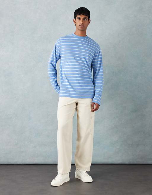 DESIGN Relaxed Long Sleeve T-shirt In Blue And White Stripe Texture