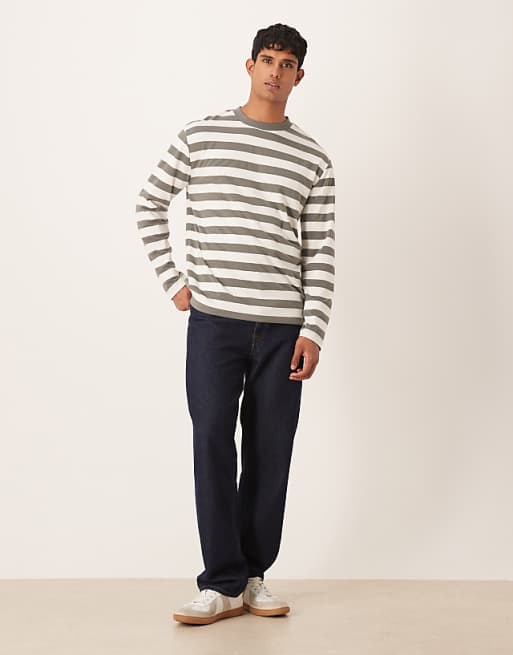 DESIGN Relaxed Long Sleeve T-shirt In Khaki And White Stripe