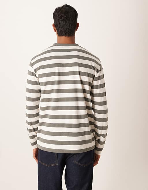 DESIGN Relaxed Long Sleeve T-shirt In Khaki And White Stripe