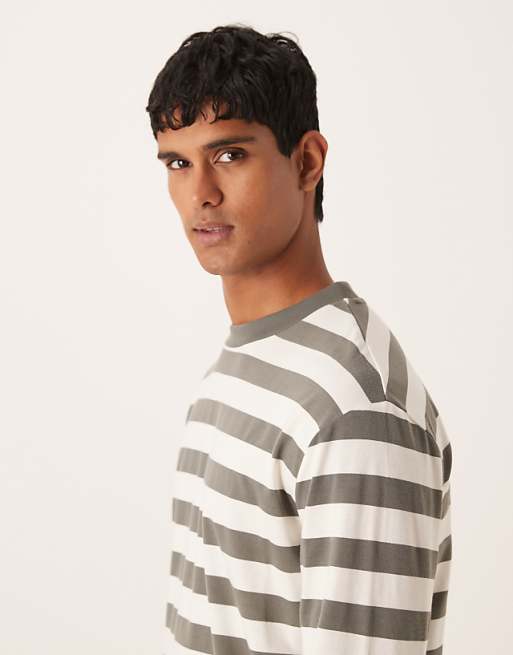 DESIGN Relaxed Long Sleeve T-shirt In Khaki And White Stripe