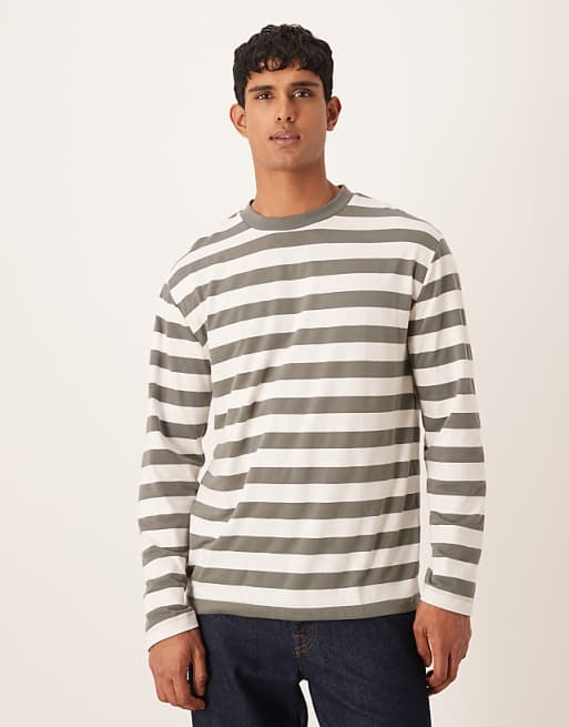 DESIGN relaxed long sleeve t-shirt in khaki and white stripe