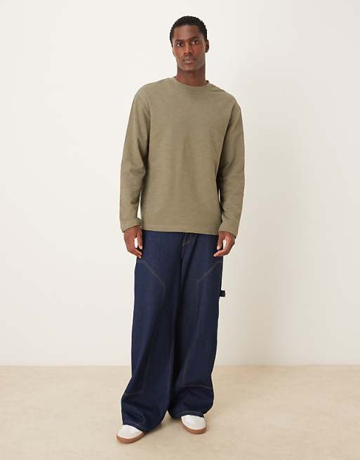 DESIGN Relaxed Long Sleeve T-shirt In Khaki Texture