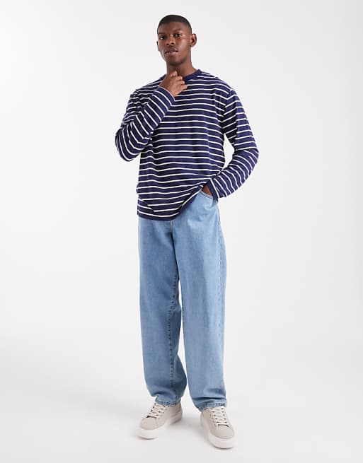 DESIGN Relaxed Long Sleeve T-shirt In Navy And White Stripe
