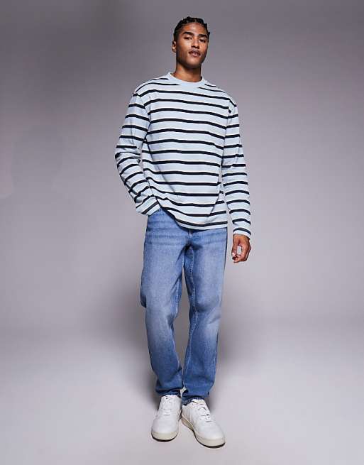 DESIGN Relaxed Long Sleeve T-shirt In Washed Blue And Navy Stripe