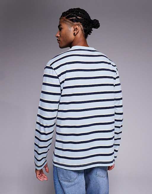 DESIGN Relaxed Long Sleeve T-shirt In Washed Blue And Navy Stripe