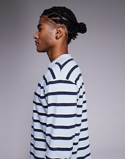 DESIGN Relaxed Long Sleeve T-shirt In Washed Blue And Navy Stripe