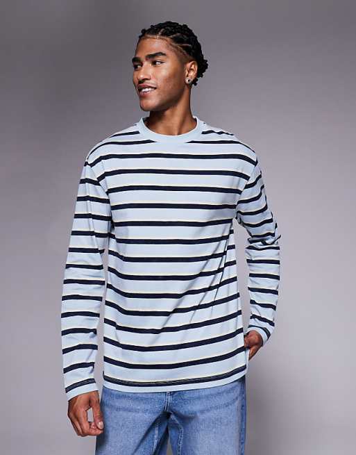 DESIGN relaxed long sleeve t-shirt in washed blue and navy stripe