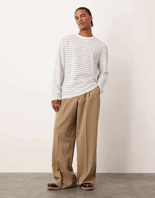 DESIGN Relaxed Long Sleeve T-shirt In White And Grey Stripe