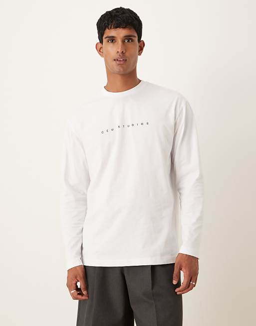 DESIGN relaxed long sleeve t-shirt with chest print in white