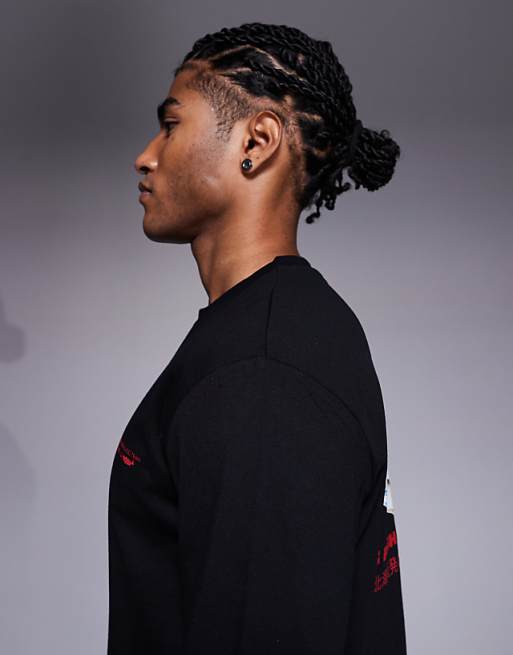 DESIGN Relaxed Long Sleeve T-shirt With Fish Graphic In Black