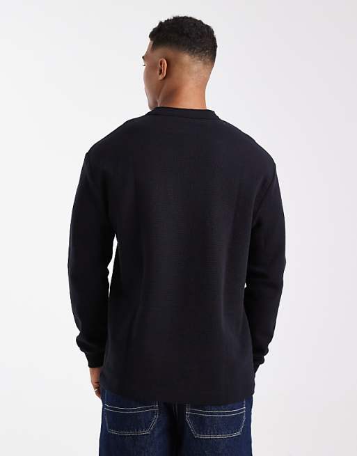DESIGN Relaxed Long Sleeve T-shirt With Henley Neck In Black Waffle