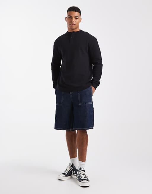 DESIGN Relaxed Long Sleeve T-shirt With Henley Neck In Black Waffle
