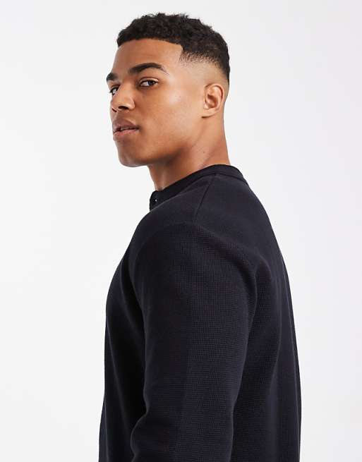 DESIGN Relaxed Long Sleeve T-shirt With Henley Neck In Black Waffle