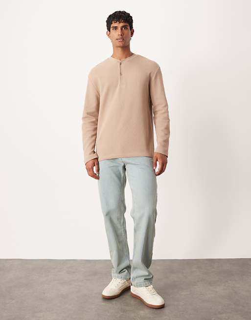DESIGN Relaxed Long Sleeve T-shirt With Henley Neck In Beige Waffle