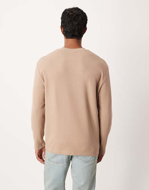 DESIGN Relaxed Long Sleeve T-shirt With Henley Neck In Beige Waffle