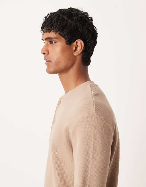 DESIGN Relaxed Long Sleeve T-shirt With Henley Neck In Beige Waffle