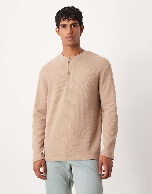 DESIGN relaxed long sleeve t-shirt with henley neck in beige waffle