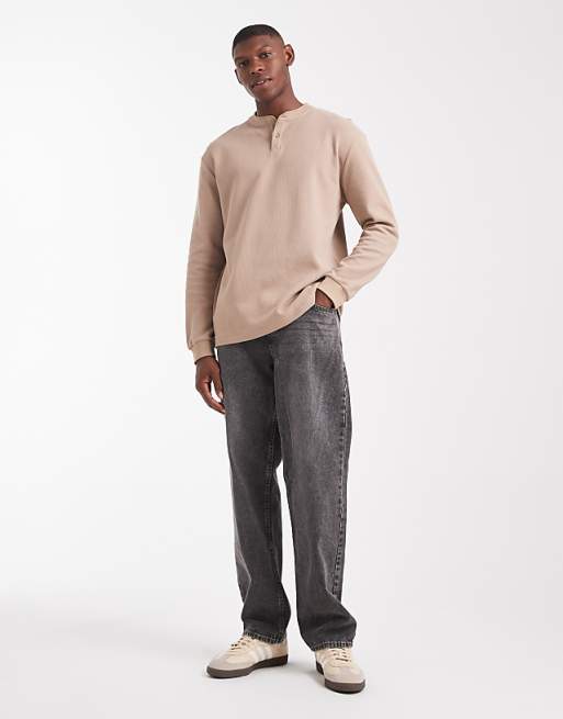 DESIGN Relaxed Long Sleeve T-shirt With Henley Neck In Brown Waffle
