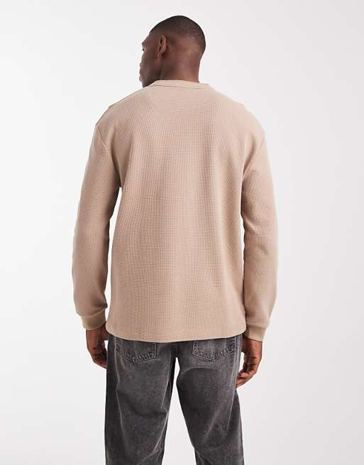 DESIGN Relaxed Long Sleeve T-shirt With Henley Neck In Brown Waffle