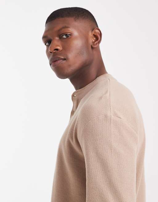 DESIGN Relaxed Long Sleeve T-shirt With Henley Neck In Brown Waffle