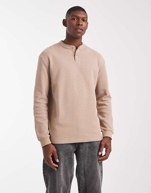DESIGN relaxed long sleeve t-shirt with henley neck in brown waffle