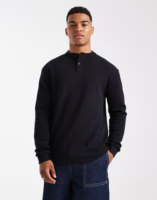 DESIGN relaxed long sleeve t-shirt with henley neck in black waffle