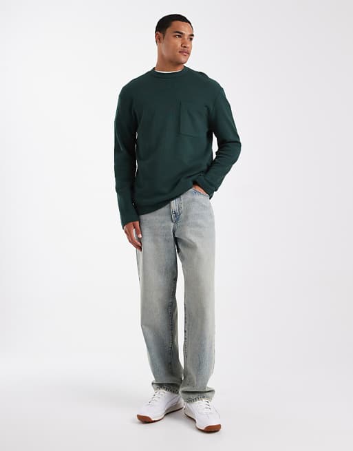 DESIGN Relaxed Long Sleeve T-shirt With Pocket In Green Waffle