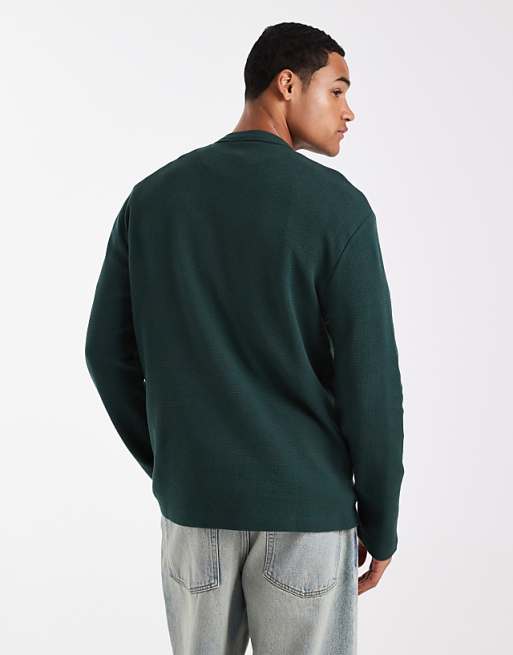 DESIGN Relaxed Long Sleeve T-shirt With Pocket In Green Waffle