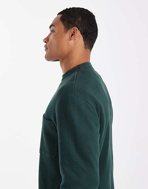 DESIGN Relaxed Long Sleeve T-shirt With Pocket In Green Waffle