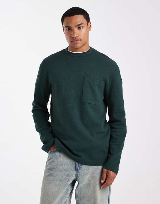 DESIGN relaxed long sleeve t-shirt with pocket in green waffle