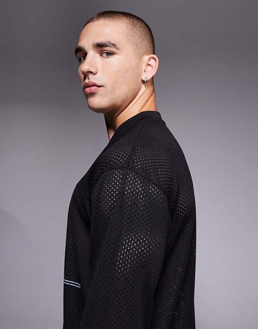 DESIGN Relaxed Long Sleeve T-shirt With Sports Graphic In Washed Black Airtex