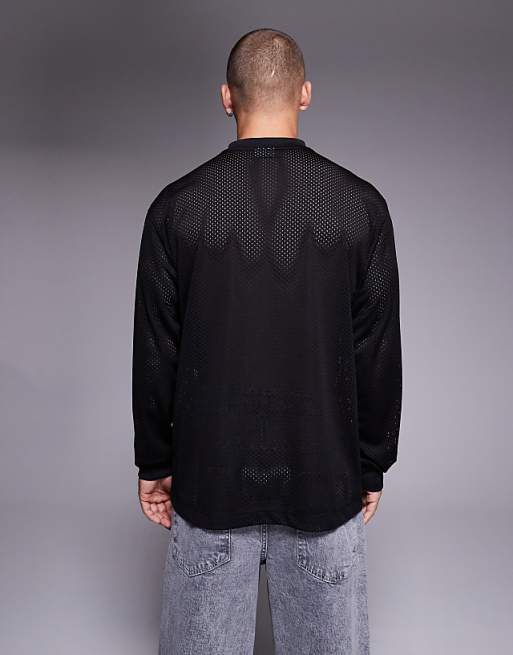 DESIGN Relaxed Long Sleeve T-shirt With Sports Graphic In Washed Black Airtex