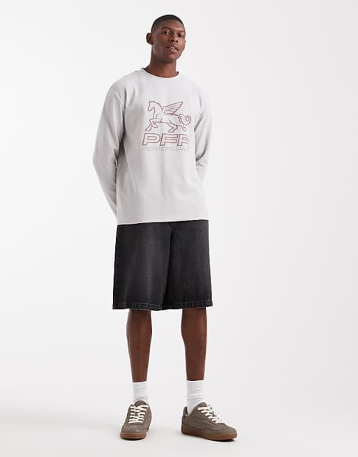 DESIGN Relaxed Long Sleeve T-shirt With Street Graphic In Grey Waffle Texture