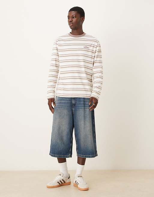 DESIGN Relaxed Long Sleeve T-shirt With Text Graphic In Beige And White Stripe