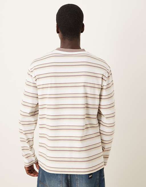 DESIGN Relaxed Long Sleeve T-shirt With Text Graphic In Beige And White Stripe