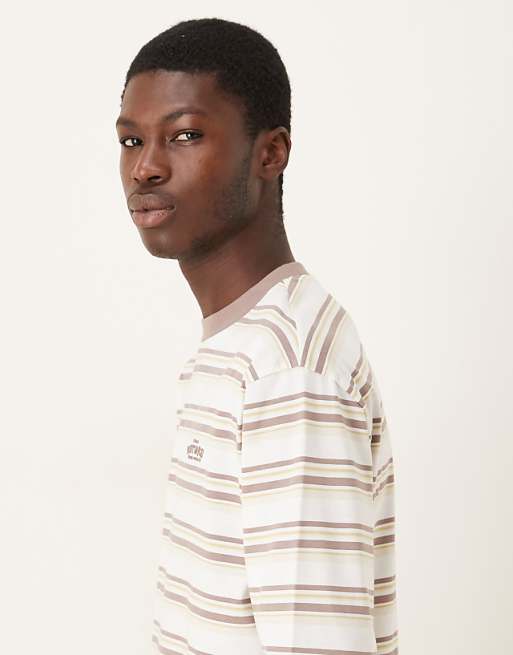 DESIGN Relaxed Long Sleeve T-shirt With Text Graphic In Beige And White Stripe