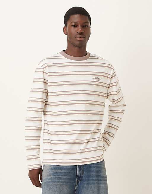 DESIGN relaxed long sleeve t-shirt with text graphic in beige and white stripe